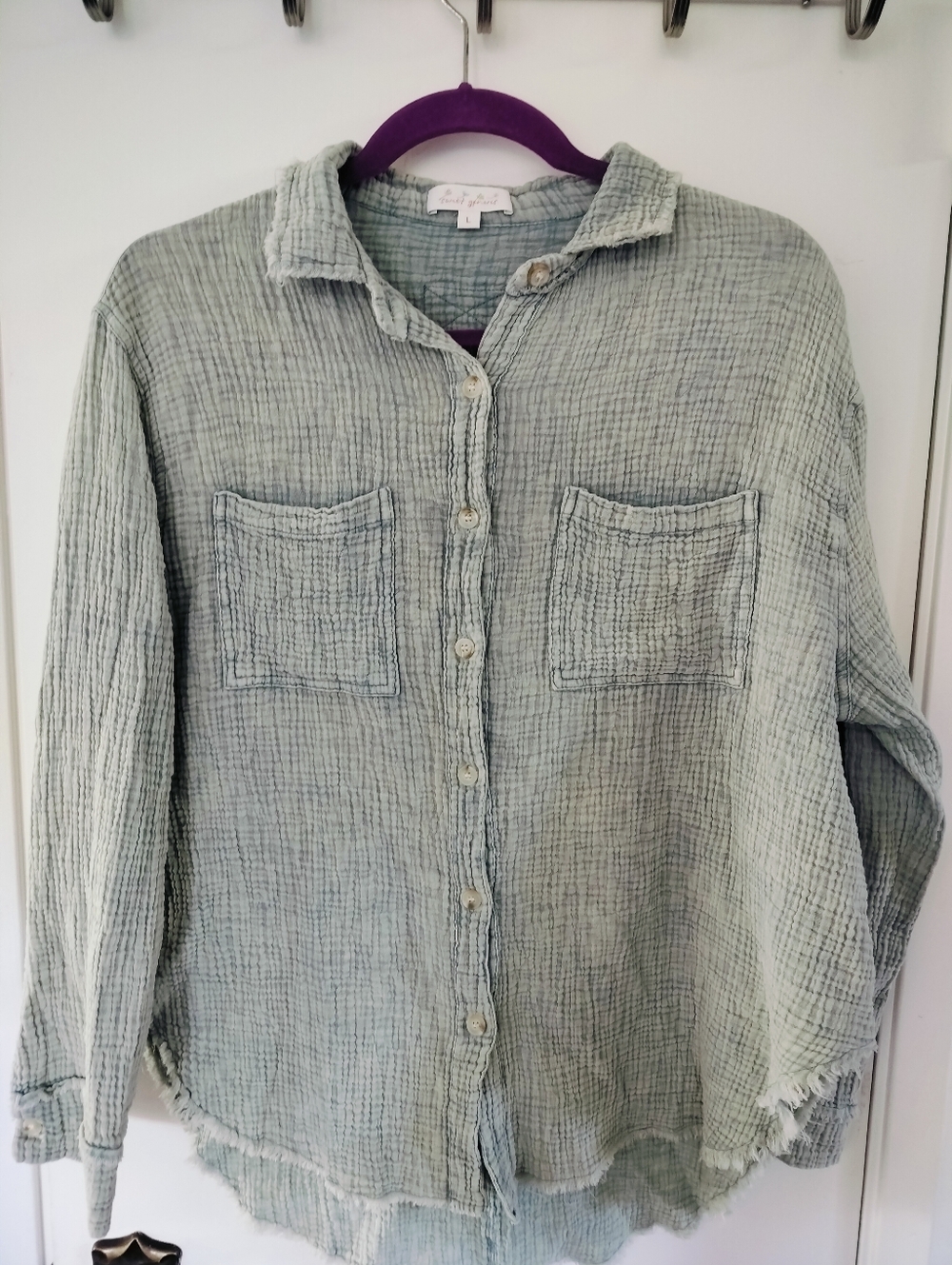 Sweet Generis Blue Green 100% Cotton Button-Down Textured Gauzy Size Large